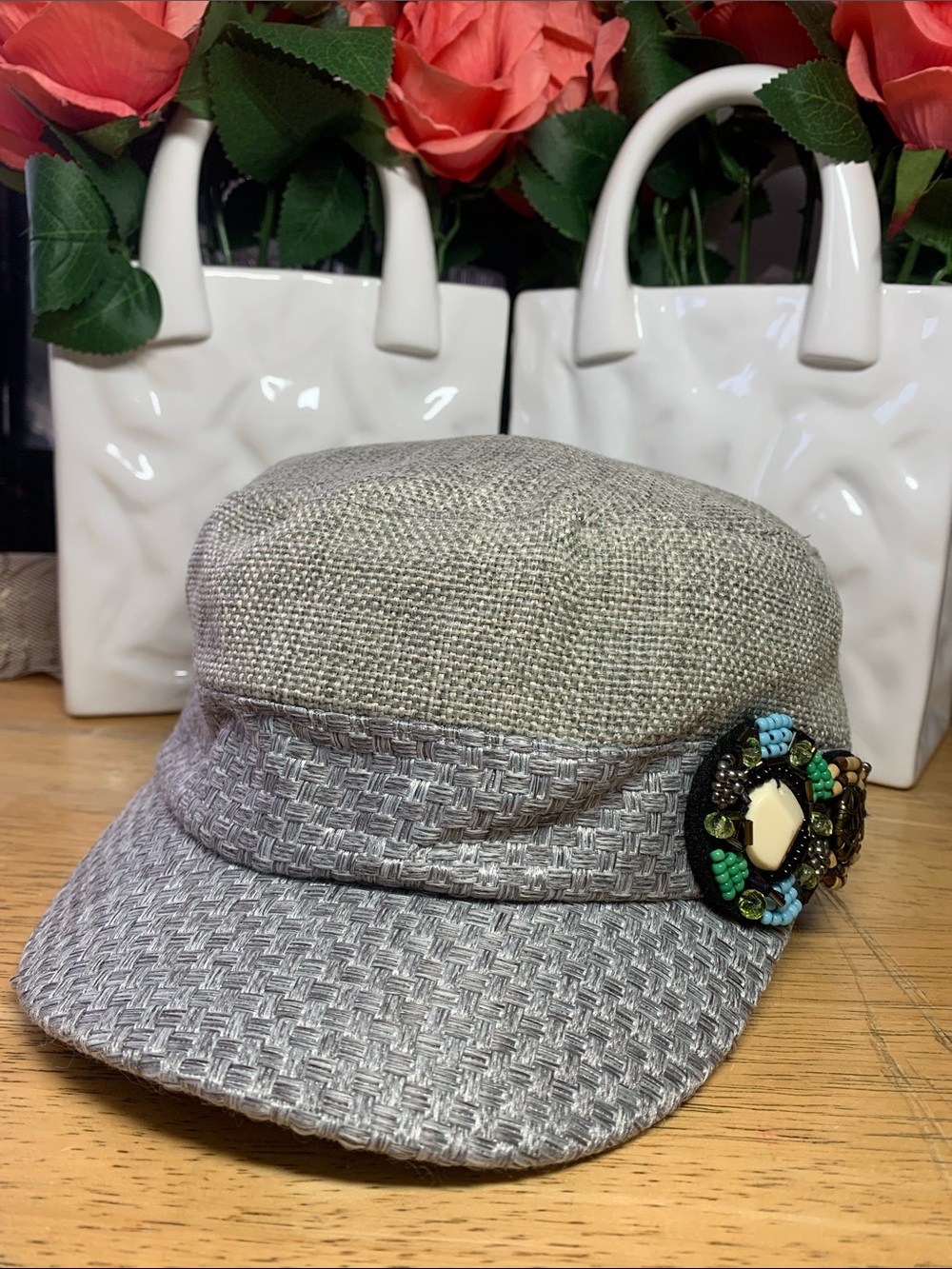 Elastafit Grey Textured Cadet Cap with Beaded Accent